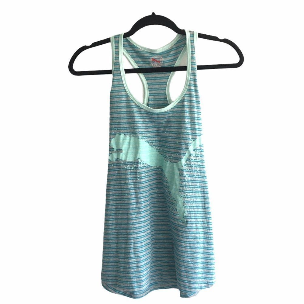 PUMA Racerback Striped Tank Top Sleeveless Curved Hem XS